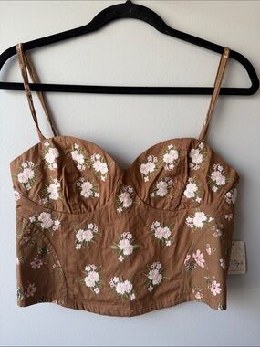 Free People wild flower tea Brown Floral Embroidered Crop Top cotton